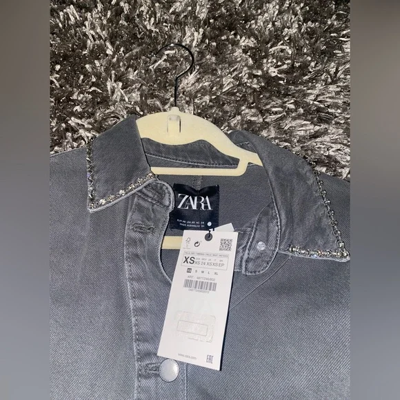 Zara grey denim  Button Down Shirt with crystal - Picture 3 of 4